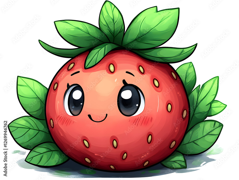 Obraz premium Cute Illustration of a Happy Strawberry With Big Eyes and a Charming Smile on a Bright Blue Background