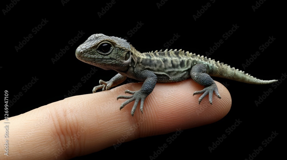 Naklejka premium Green lizard on the finger, high-resolution stock photography, high-definition realistic photography, highly detailed