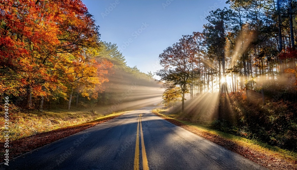 Obraz premium sunbeams on a country road on a fall morning in dahlonega georgia