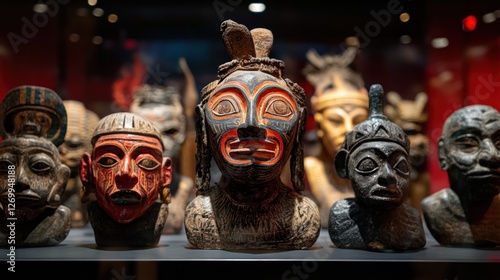 Collection of tribal masks and sculptures artifacts displayed in a museum
