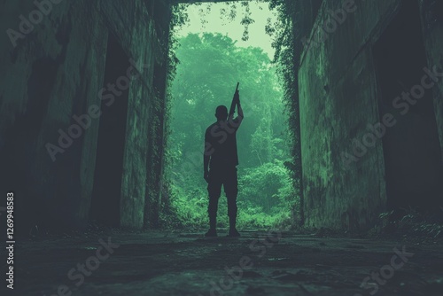 A soldier in military attire lifts his weapon over his head