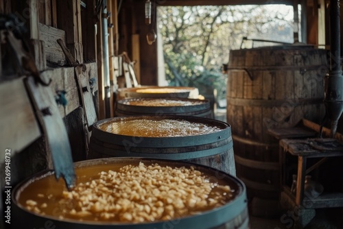 apple cider vinegar brewing process in wooden barrels, captured in a cider house