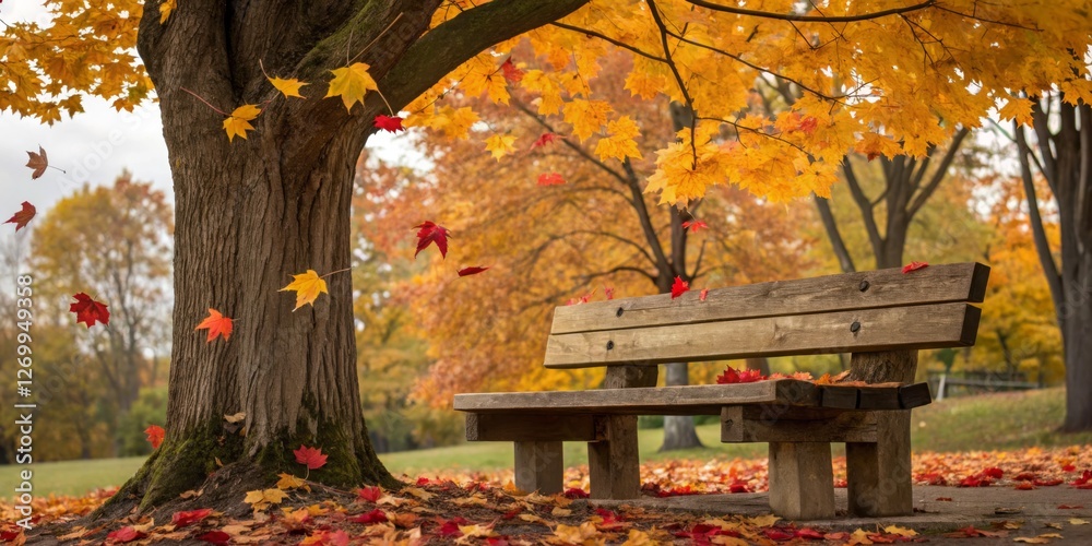 Vibrant autumn foliage surrounds a wooden bench in a serene park setting filled with falling leaves