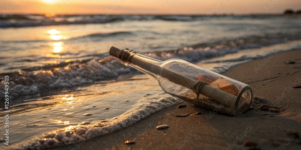 Message in a bottle rests on the shore as waves gently lap against the sand during a beautiful sunset