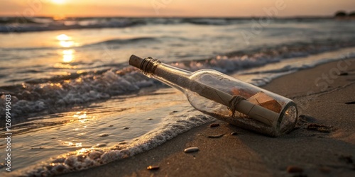 Obraz na płótnie Message in a bottle rests on the shore as waves gently lap against the sand during a beautiful sunset w salonie