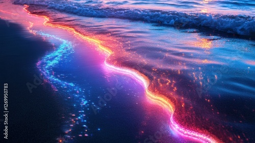 A vibrant and colorful beach scene at dusk, showcasing mesmerizing neon reflections in the gentle ocean waves and a shimmering shoreline.