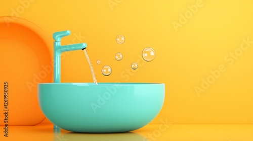 Teal sink with water flowing and bubbles against yellow background.