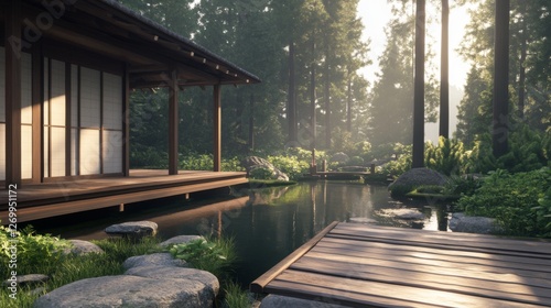 Zen Garden Retreat in Forest Sunlight photo