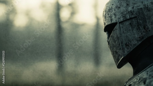 Armored warrior profile in misty forest.  Possible stock photo use photo