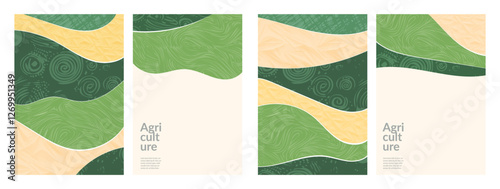 Sustainable agriculture organic farm rural landscape green patchwork pattern. Earth Day modern poster, Japanese abstract vector design. Agro illustration, business template, eco layout with copyspace