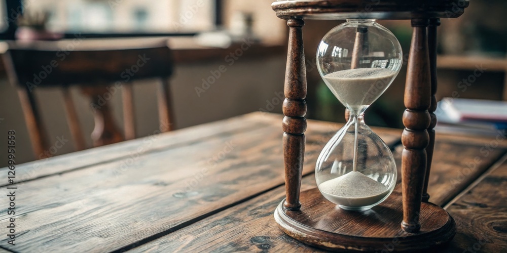 Elegant hourglass resting on a rustic wooden table in a warm, sunlit room