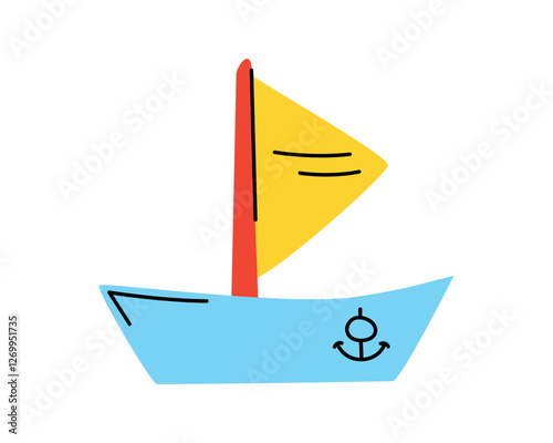 Doodle Ship with Sail. Children drawing. Sea and river transport with Anchor for kids. Vessel, boat, watercraft. Isolated on white background. Scribble. Color image with outline. Vector illustration