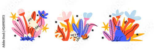 Animals compositions set. Cartoon pets: dog, cat and bird surrounded by flowers, plants, and doodle abstract elements. Retro groovy illustration animals, nature, and decorative design concept