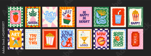 : Abstract posters in a minimalist style. Wall decor, trendy banners of summer, flowers , cocktails, disco, animals in the cartoon style of Matisse. Decor of wallpaper, walls, print and postcards