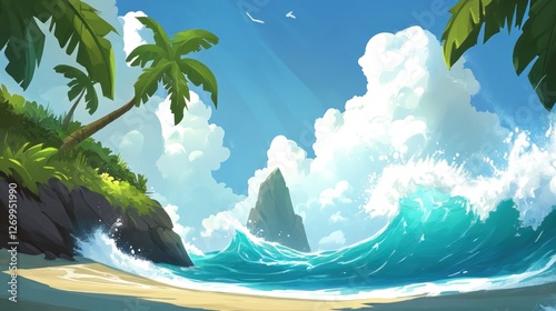 Tropical paradise with crashing waves and iconic rock formation view