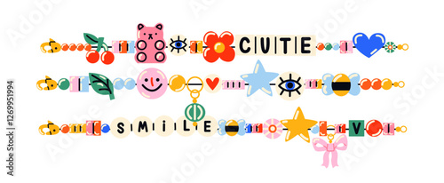 Cartoon friendship bracelets set. Handmade beaded jewelry with letters, stars, hearts, and animals. Colorful funky nostalgic  DIY accessories in retro doodle style.