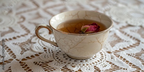 Obraz na płótnie Delicate tea cup filled with aromatic herbal tea and a rose petal on a lace tablecloth w salonie