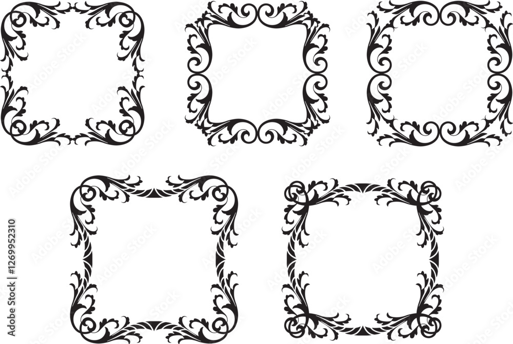 A set of vintage retro gothic leafy ornate frame and border design elements. 