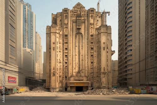 A wrecking ball crane is tearing down an old building, causing dust and debris to fill the air as the structure collapses into a heap of rubble and destruction photo