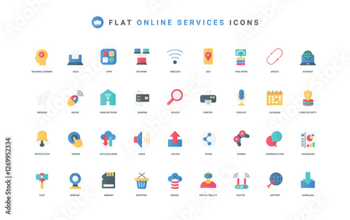 Online services for download, exchange and storage of data, bank payment and shopping color icon set. High speed wireless network for home, chat messages and gaming flat elements vector illustration