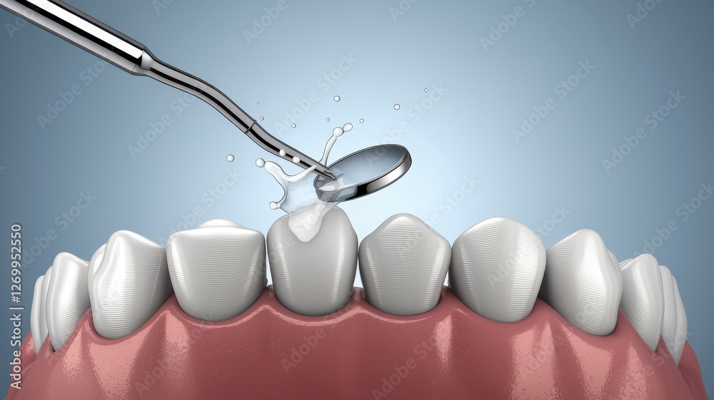 Fototapeta premium Dental mirror and probe inspecting a tooth with water splash