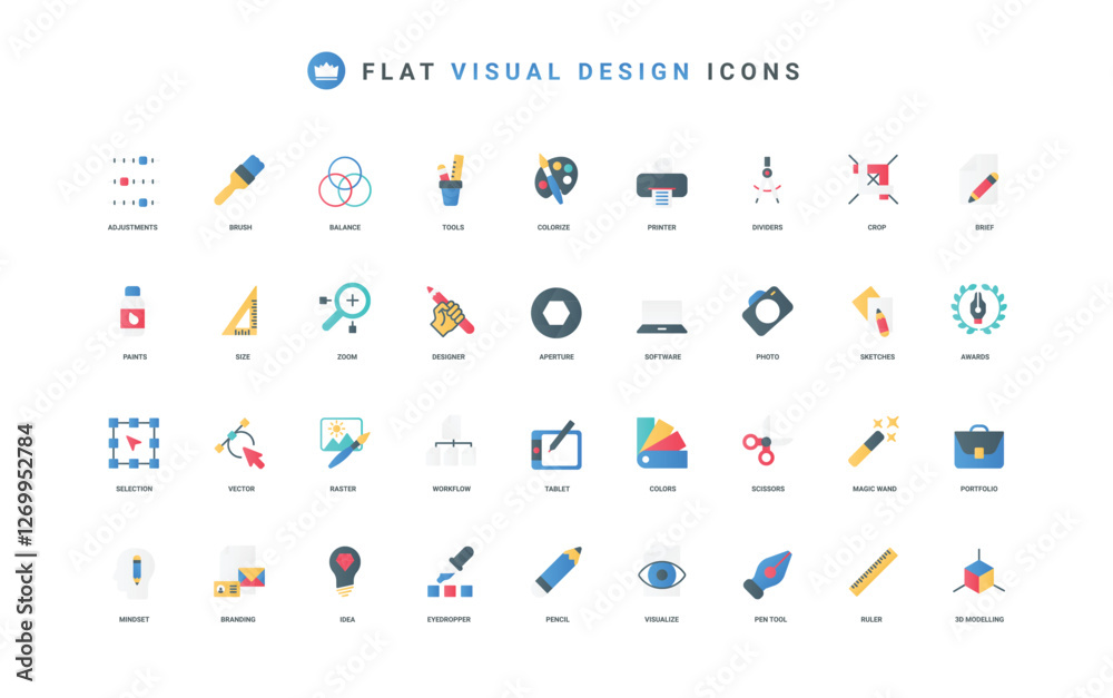 Fototapeta premium Digital art design, idea and equipment for designers, portfolio and artists mindset color icon set. Software, pencil scissors pen tools to edit graphic design flat elements vector illustration