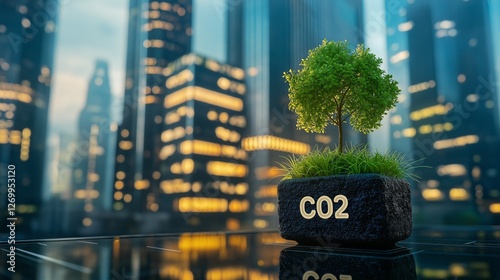 Urban CO2 reduction concept with greenery in a modern city, representing sustainability, innovation, climate-conscious urban development, and environmental responsibility, Generative AI photo