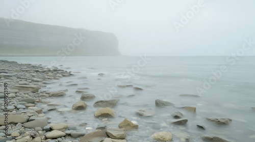 Misty Coastline Landscape: Serene Beach with Rocks and Overcast Sky