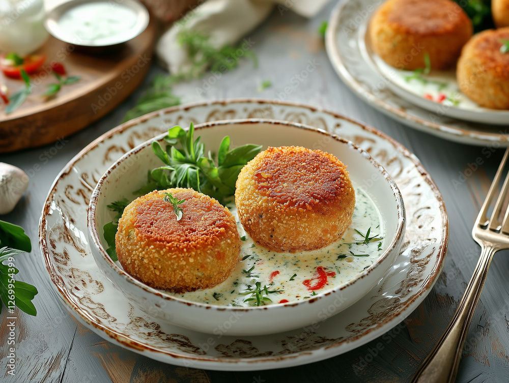 round cutlets in white sauce with herbs on a white vintage plate round cutlets in white sauce with herbs on a white vintage plate