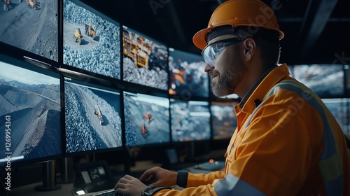 Mining operator monitoring multiple screens with high-tech surveillance, symbolizing industry safety, digital transformation, automation, and remote mining control, Generative AI