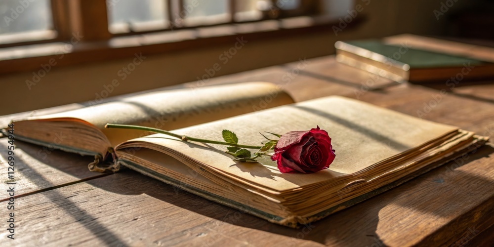 Open book resting on wooden table with red rose beside it during afternoon light
