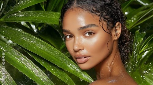 Stunning exotic woman with glowing skin and green eyes surrounded by lush tropical leaves in natural sunlight, highlighting beauty and elegance, Generative AI