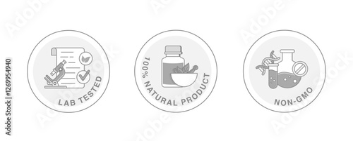 Vector icon set featuring Lab Tested Certification, 100% Natural Product, and Non-GMO Verification, designed for health, wellness, and organic product branding.