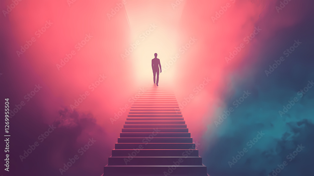 Man steps up the endless ladder into the light. Infinity Staircases. Illustration Man steps up the endless ladder into the light. Infinity Staircases. Illustration
