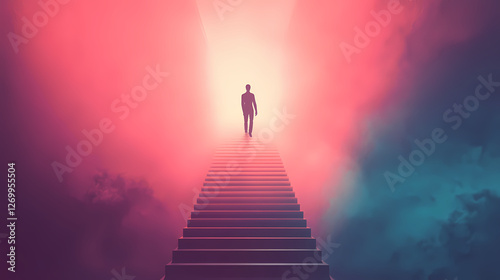 Man steps up the endless ladder into the light. Infinity Staircases. Illustration