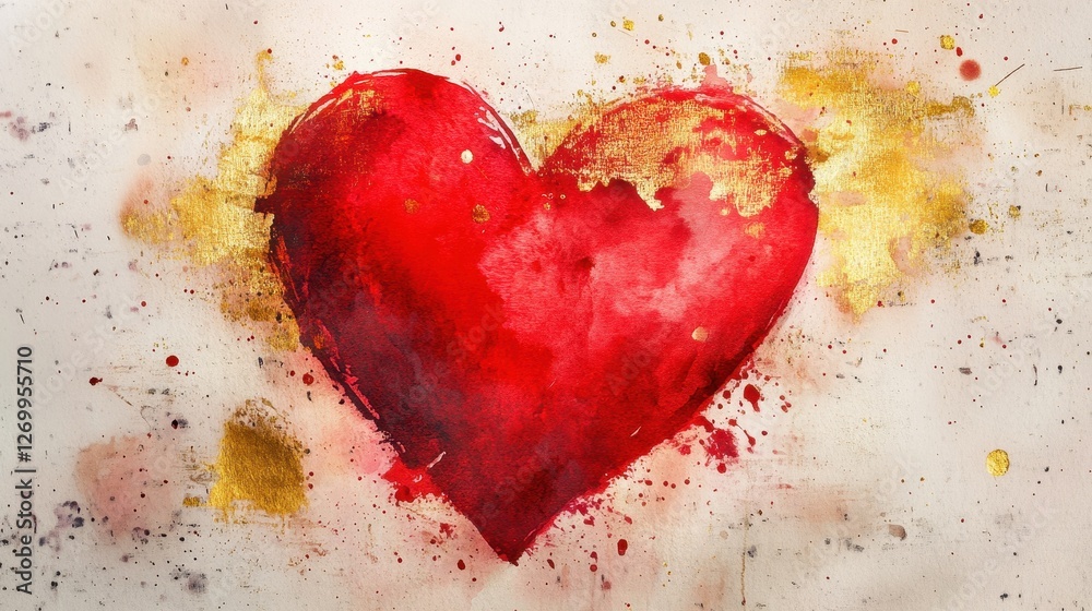 A vibrant red heart painted with watercolors, featuring golden accents that enhance its beauty, radiating warmth and love. A vibrant red heart painted with watercolors, featuring golden accents that enhance its beauty, radiating warmth and love.