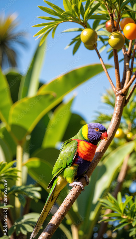 Obraz premium Vibrant lorikeet perched among tropical foliage, natural beauty