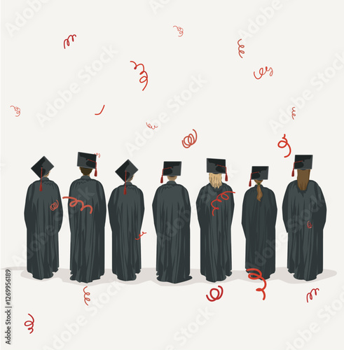 students standing on stage graduation university college diplom traditional celebration ceremony school  robe vector flat illustration isolated on white background