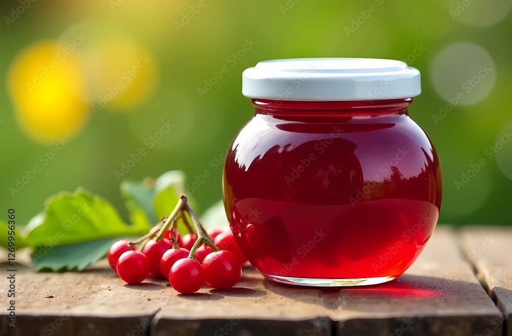 Redcurrant jam. A jar of cranberry marmalade on a wooden surface against the backdrop of a green garden. Redcurrant jam. A jar of cranberry marmalade on a wooden surface against the backdrop of a green garden.