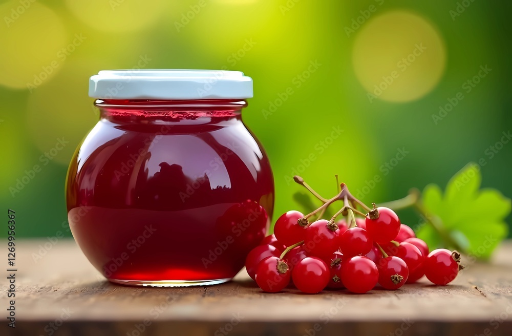 Redcurrant jam. A jar of cranberry marmalade on a wooden surface against the backdrop of a green garden. Redcurrant jam. A jar of cranberry marmalade on a wooden surface against the backdrop of a green garden.