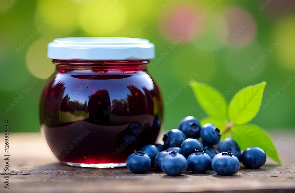 Blueberry jam. A jar of blueberry marmalade on a wooden surface against the backdrop of a green garden. Blueberry jam. A jar of blueberry marmalade on a wooden surface against the backdrop of a green garden.