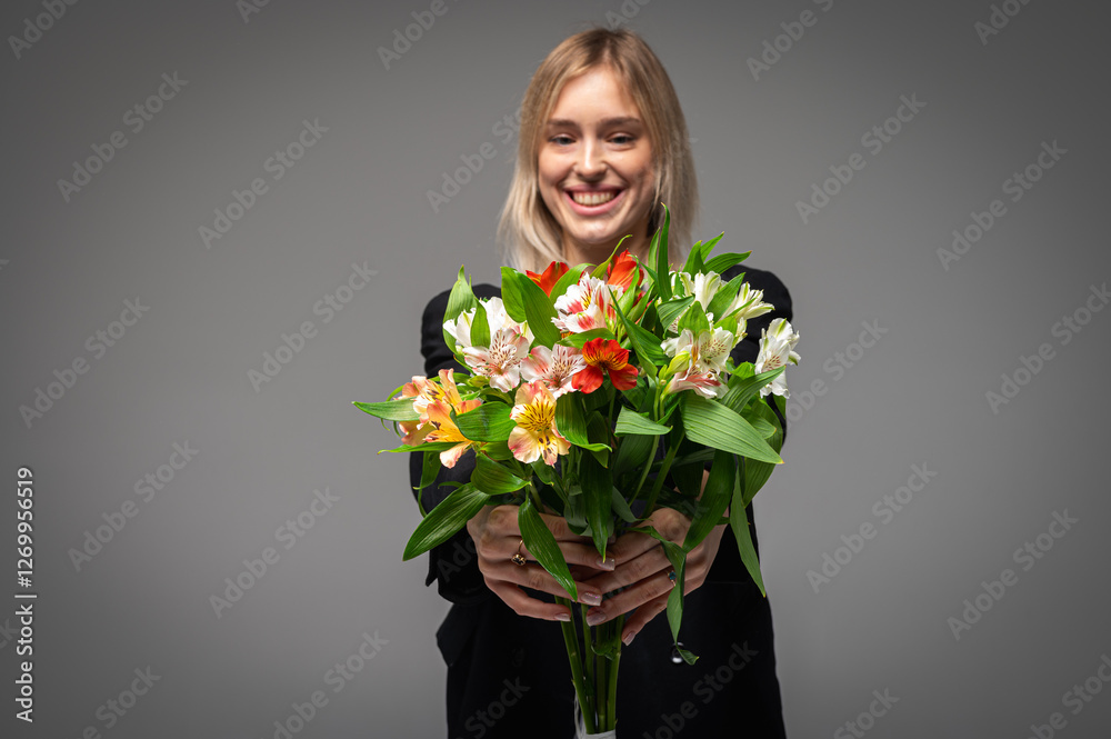 Portrait of a young, emotional girl with a bouquet of fresh spring flowers, smiling and excited. Studio shot with soft lighting and a neutral background that conveys emotions and natural beauty Portrait of a young, emotional girl with a bouquet of fresh spring flowers, smiling and excited. Studio shot with soft lighting and a neutral background that conveys emotions and natural beauty