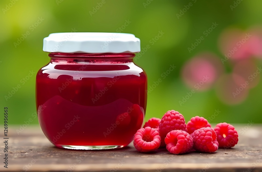 Raspberry jam on a green background. Raspberry marmalade. A jar of raspberry jam on a wooden surface against the background of a garden. Raspberry jam on a green background. Raspberry marmalade. A jar of raspberry jam on a wooden surface against the background of a garden.