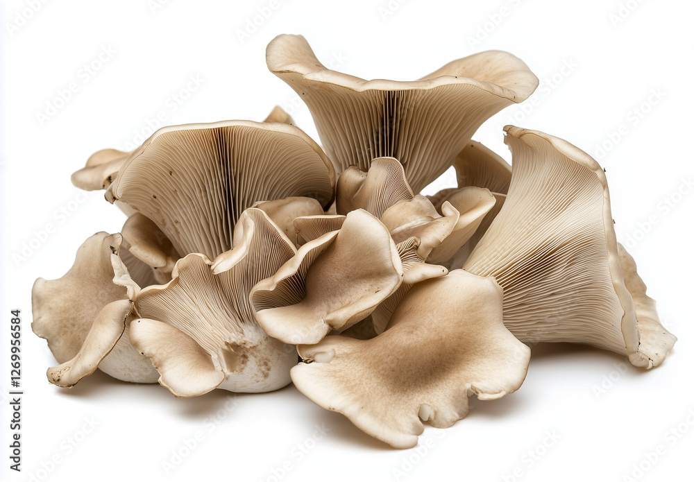 Fototapeta premium Fresh oyster mushrooms isolated on white background for culinary and health benefits, symbolizing organic food, vegetarian cuisine, and natural nutrition rich in antioxidants