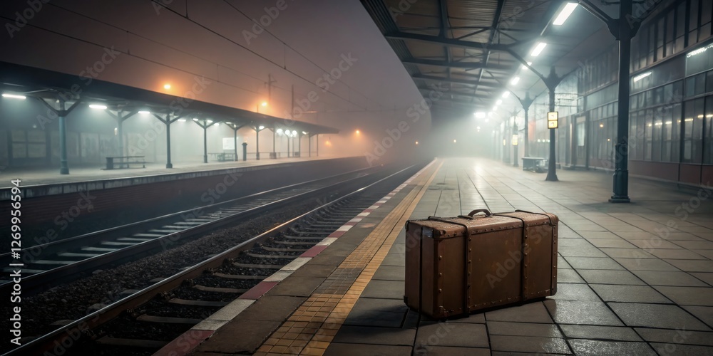 Suitcase waiting at deserted train station during foggy night with soft lights illuminating the platform
