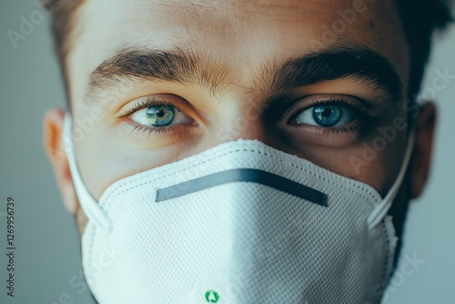 Close-up of a man wearing a protective face mask, symbolizing health, safety, personal protection, and the importance of hygiene in public environments, Generative AI photo