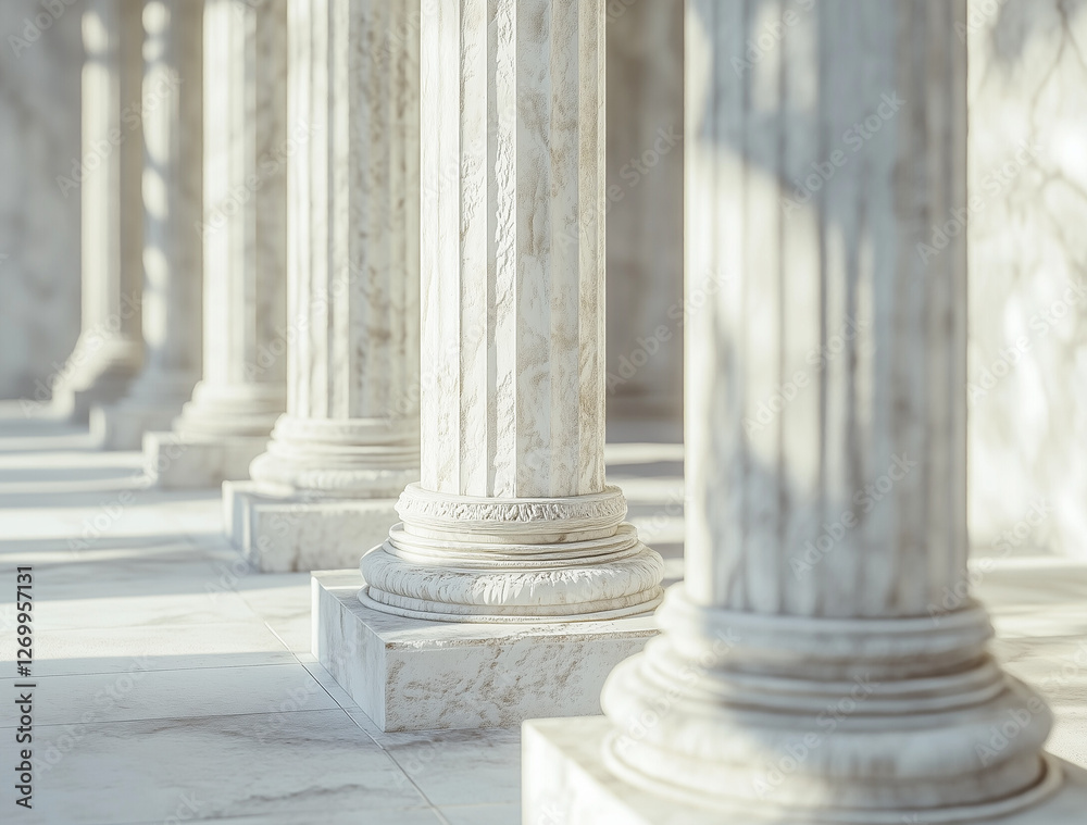 White marble columns in classical architecture, symbolizing law, stability, power, government institutions, and historical heritage in bright daylight White marble columns in classical architecture, symbolizing law, stability, power, government institutions, and historical heritage in bright daylight