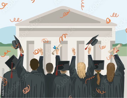 graduation  half figures standing from behind gestrues university college diplom traditional celebration ceremony school robe vector flat illustration school building outside town hall background