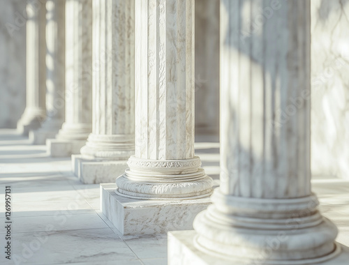 White marble columns in classical architecture, symbolizing law, stability, power, government institutions, and historical heritage in bright daylight