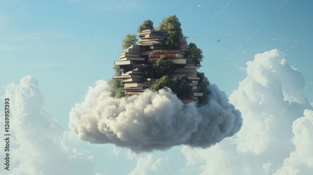 Fototapeta premium Floating island of books in the sky, surreal fantasy knowledge concept, symbolizing imagination, wisdom, learning, literature, creativity, and the limitless power of knowledge